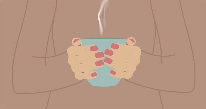 a blue cup of hot tea in a woman&rsquo;s hands on a light brown aphid. hot steam animation. 4K video