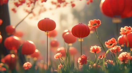 Fototapeta premium Red Chinese lanterns gently swaying in the breeze, symbolizing good luck and prosperity for Chinese New Year