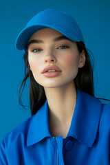 Young woman with long dark hair wearing blue outfit and cap poses against a vibrant blue background showcasing modern fashion