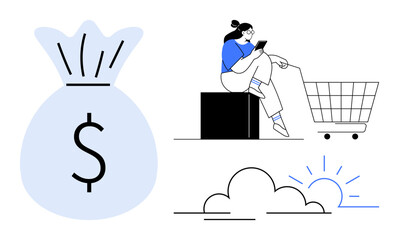 Woman using phone with shopping cart, large money bag, cloud with sun. Ideal for finance, e-commerce, budget planning, consumer behavior, digital economy savings online shopping. Abstract line flat