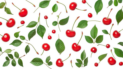 Fresh Red Cherries with Leaves on Black Background for Culinary and Design Projects