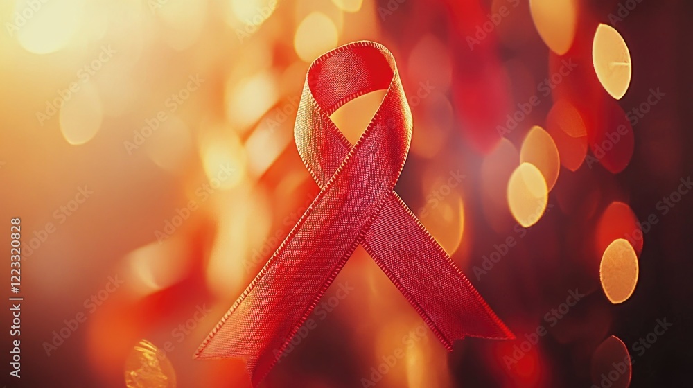 Poster a red ribbon hanging from a string with lights in the background