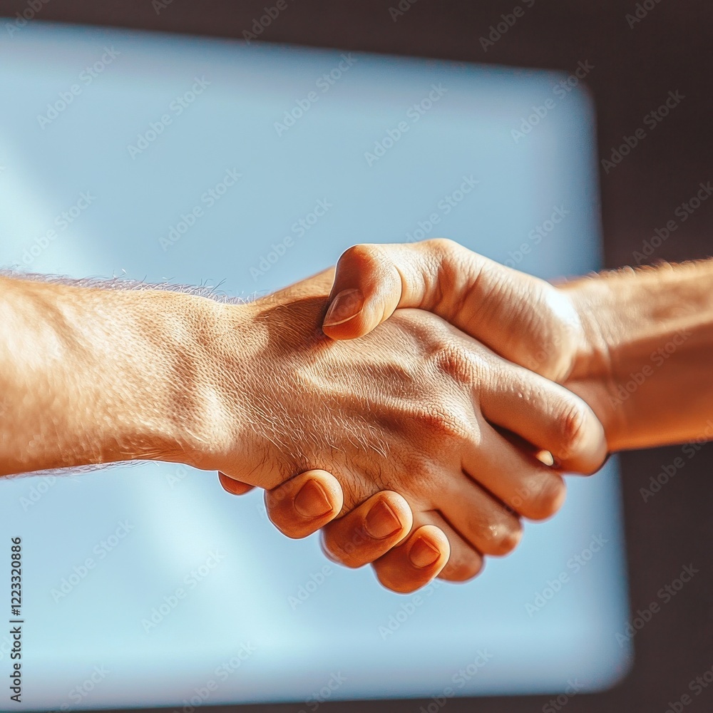 Poster energetic business handshake at tech startup launch event with sleek presentation screens in a forwa