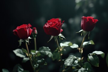 Fototapeta premium A group of red roses situated on a lush green field, perfect for landscape or still life photography