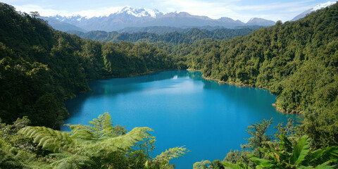 Obraz premium high angle view of serene alpine lake surrounded by lush greenery, showcasing vibrant blue water and majestic mountains