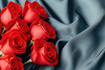Lush Red Roses Delicately Arranged On Teal Fabric