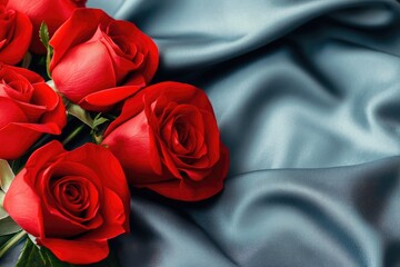 Stunning Red Roses Lying On Smooth Teal Background