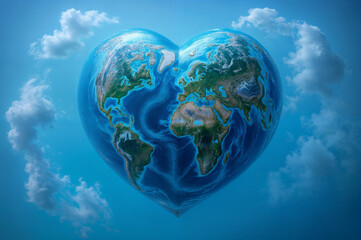 Naklejka premium Heart-shaped Earth globe in realistic style in blue colors representing love for the planet against a sky background with copy space