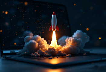 Launching Space Rocket From Laptop Screen. Generative AI