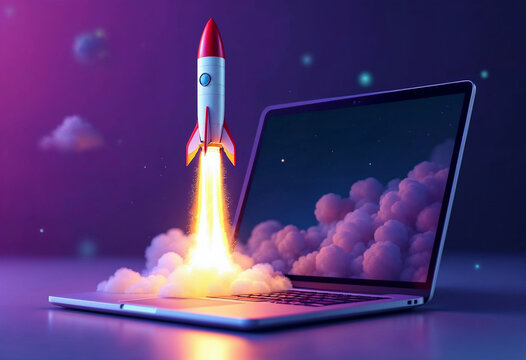 Launching Space Rocket From Laptop Screen. Generative AI
