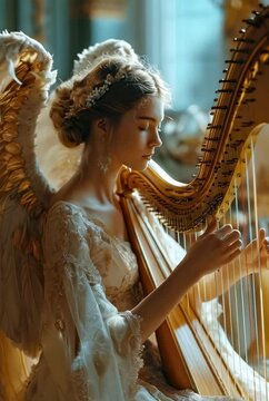 Beautiful winged angel playing a harp