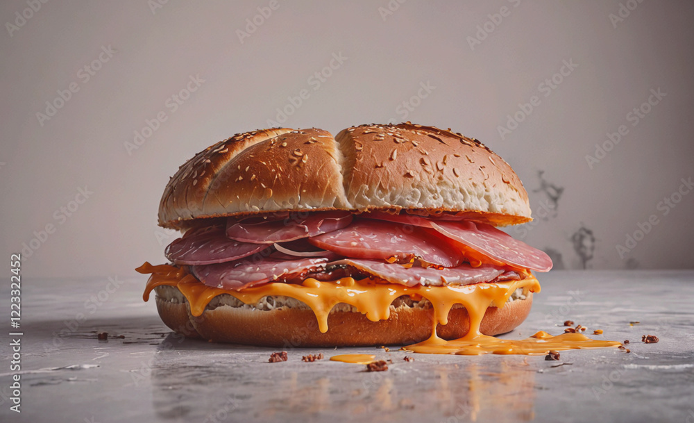Poster a sandwich with ham and cheese on a table. the sandwich is covered in cheese and has a yellow sauce 