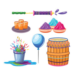 Holi celebration set featuring colorful powders, pichkari, drums, and traditional Indian thandai cups on a plate