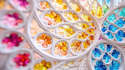 Colorful stained glass rose window, church interior, light, detail, religious architecture, website design