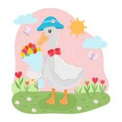 Cute spring illustration with a goose holding a bouquet of flowers on a background of a meadow with flowers. Spring or Easter illustration, vector