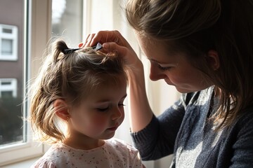 Fototapeta premium A tender moment between a mother and daughter, with a window in the background
