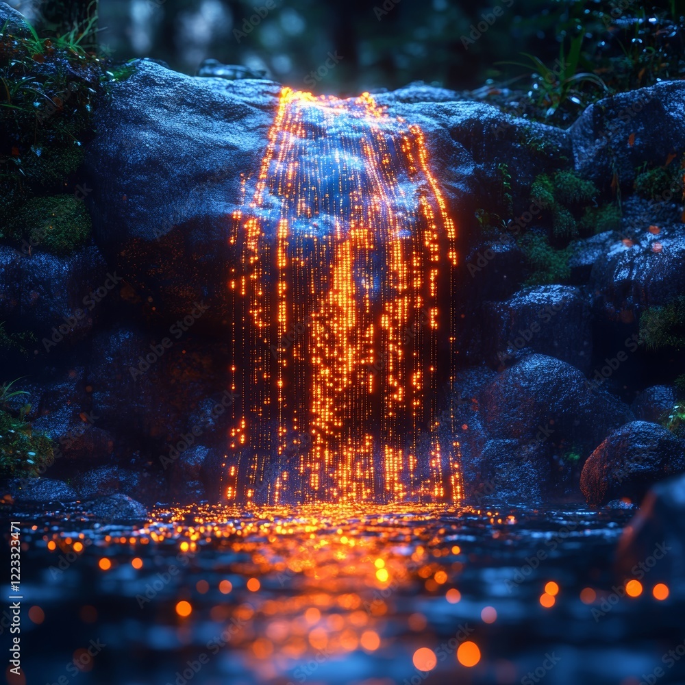 Poster luminous data deluge: a mesmerizing digital waterfall flowing from the glowing source of information