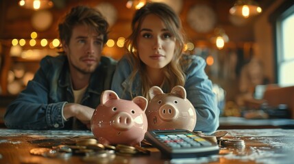 Obraz premium Couple looking at a piggy bank with a calculator