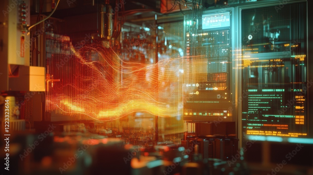 Aufkleber an intricate view of an energy monitor with bright data waves emerging from its inputs graphically s
