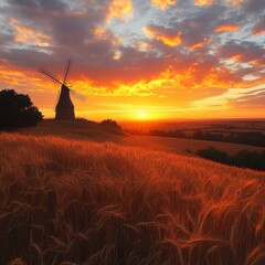 Obraz premium Solitude Amidst Nature: Serene Windmill Overlooking Golden Wheat Field on Hilltop
