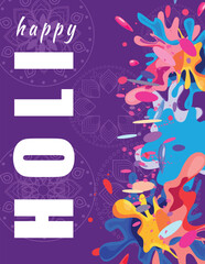 Festive Holi banner with bright colors, powder splashes, and traditional Indian rangoli mandala, perfect for celebrations