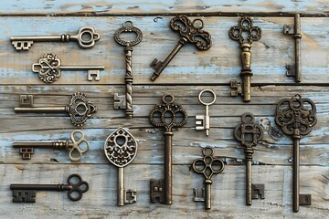 A rustic wooden background displays a collection of antique skeleton keys with ornate designs. Various shapes and sizes of metal keys are arranged.