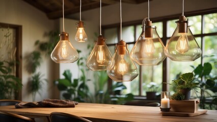 Obraz premium A cluster of vintage-style pendant lights hangs from a wooden ceiling fixture,