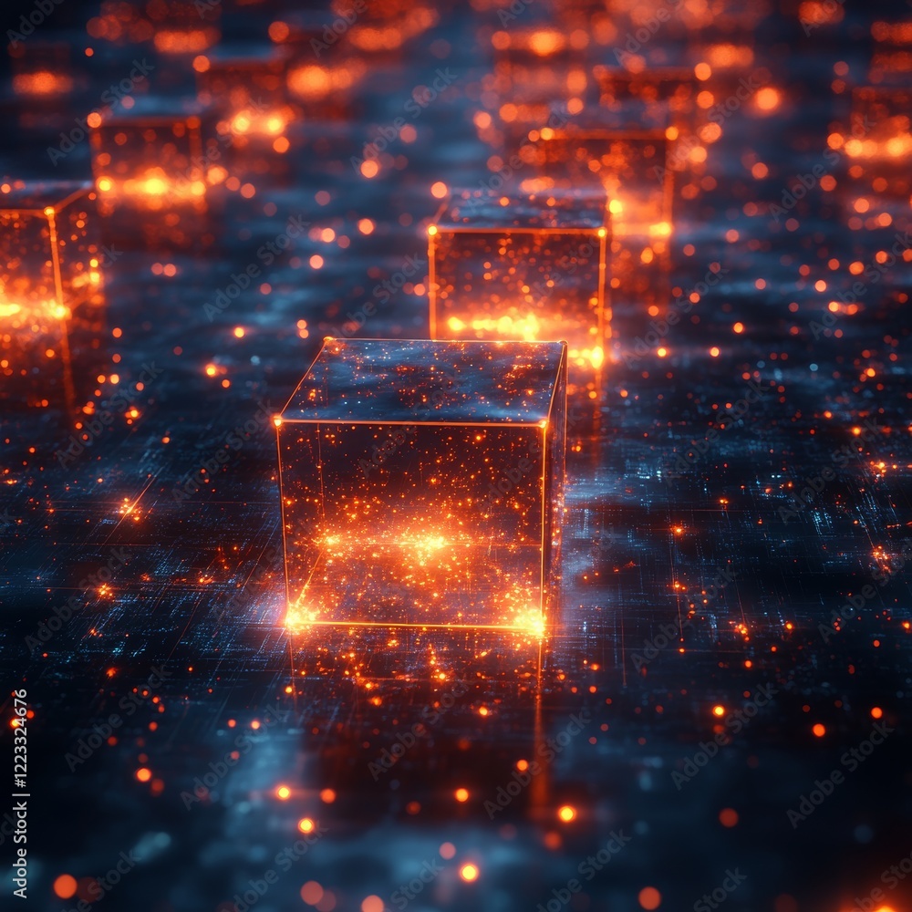 Poster digital cubic bridge: a mesmerizing glow of connected cubes in a stunning network formation