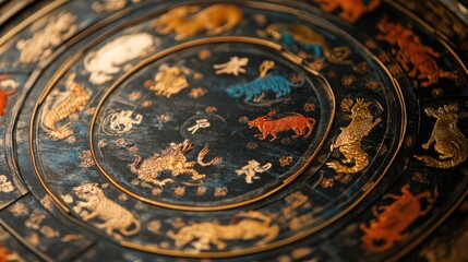 Obraz premium A close-up of a traditional Chinese Zodiac chart with all 12 animals and their respective years, set for the New Year