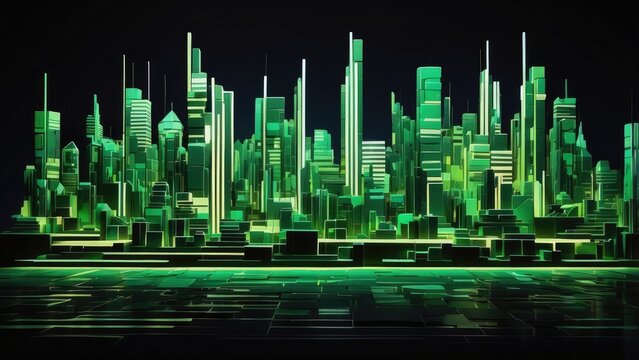 A vibrant, abstract representation of a cityscape made up of illuminated geometric blocks.