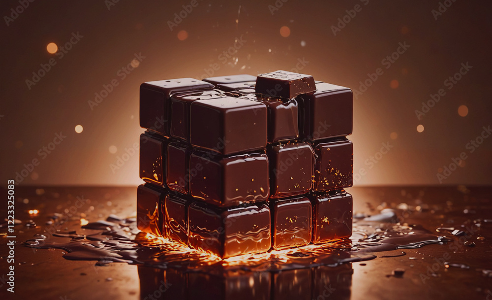 Poster A chocolate cube with a piece missing. The cube is on a table with a brown background. The missing piece is a symbol of the cube's missing piece, which could represent a lost opportunity or a