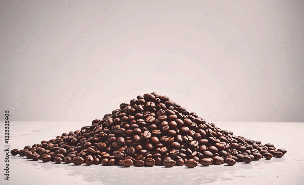 Poster a pile of coffee beans on a table. the beans are of different sizes and are spread out