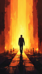 Fototapeta premium Man Walking Toward Light on Chessboard in Fiery Scene, player turn