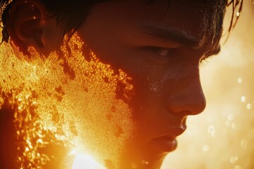 Close-up shot of a person's face with sunlight reflecting off their features