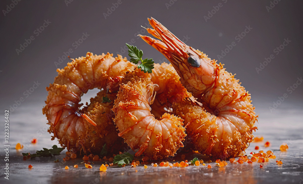 Poster A shrimp is sitting on a plate with some parsley on top. The shrimp is covered in breading and he is fried. The plate is placed on a table, and the shrimp is the main focus of the image