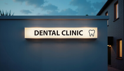Illuminated dental clinic sign on building at dusk