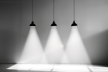 Three pendant lights illuminate a blank wall