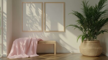 Minimalist Home Interior with Wooden Bench, Blank Frames, and Palm Plant