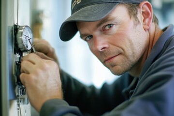 A person wearing a cap is repairing a door handle