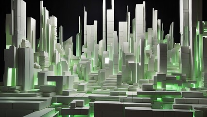 A vibrant, abstract representation of a cityscape made up of illuminated geometric blocks.