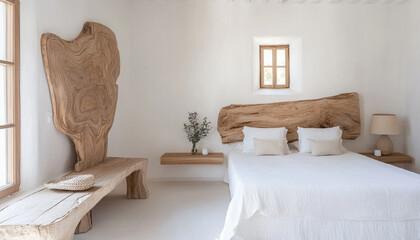 Minimalist bedroom with natural wood accents and clean white walls