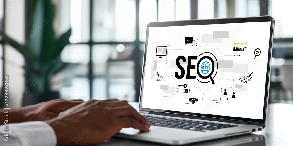 Poster seo search engine optimization for brisk e-commerce and online retail business showing on computer s