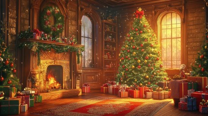Cozy christmas living room with decorated tree and fireplace in warm glow