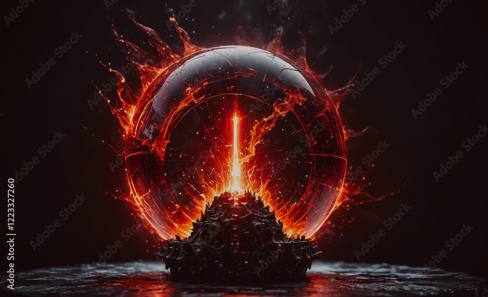 Poster a glowing red orb with a fire inside of it. the fire is surrounded by a black background