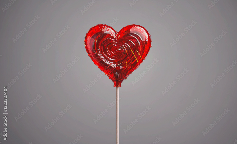 Poster a red heart shaped lollipop is on a stick. the heart is made of a clear material and is surrounded b