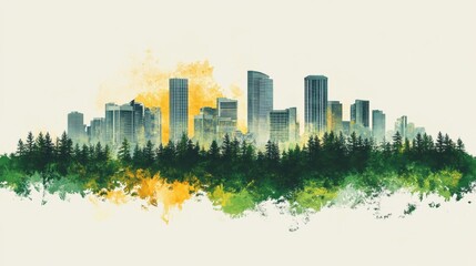 Fototapeta premium City Skyline Emerging from Forest - Watercolor Effect
