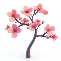 3D icon cartoon of a blooming cherry blossom branch, isolated on a white background
