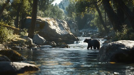 Black bear wading in a pristine mountain stream, sunlight dappling through trees.