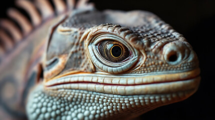 Fototapeta premium male bearded dragon Orange color sitting on a wooden branch on black background, studio Close Up Macro