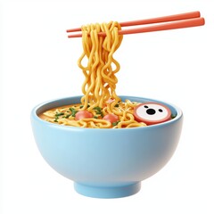 3D icon cartoon of a bowl of ramen with chopsticks lifting noodles, isolated on a white background